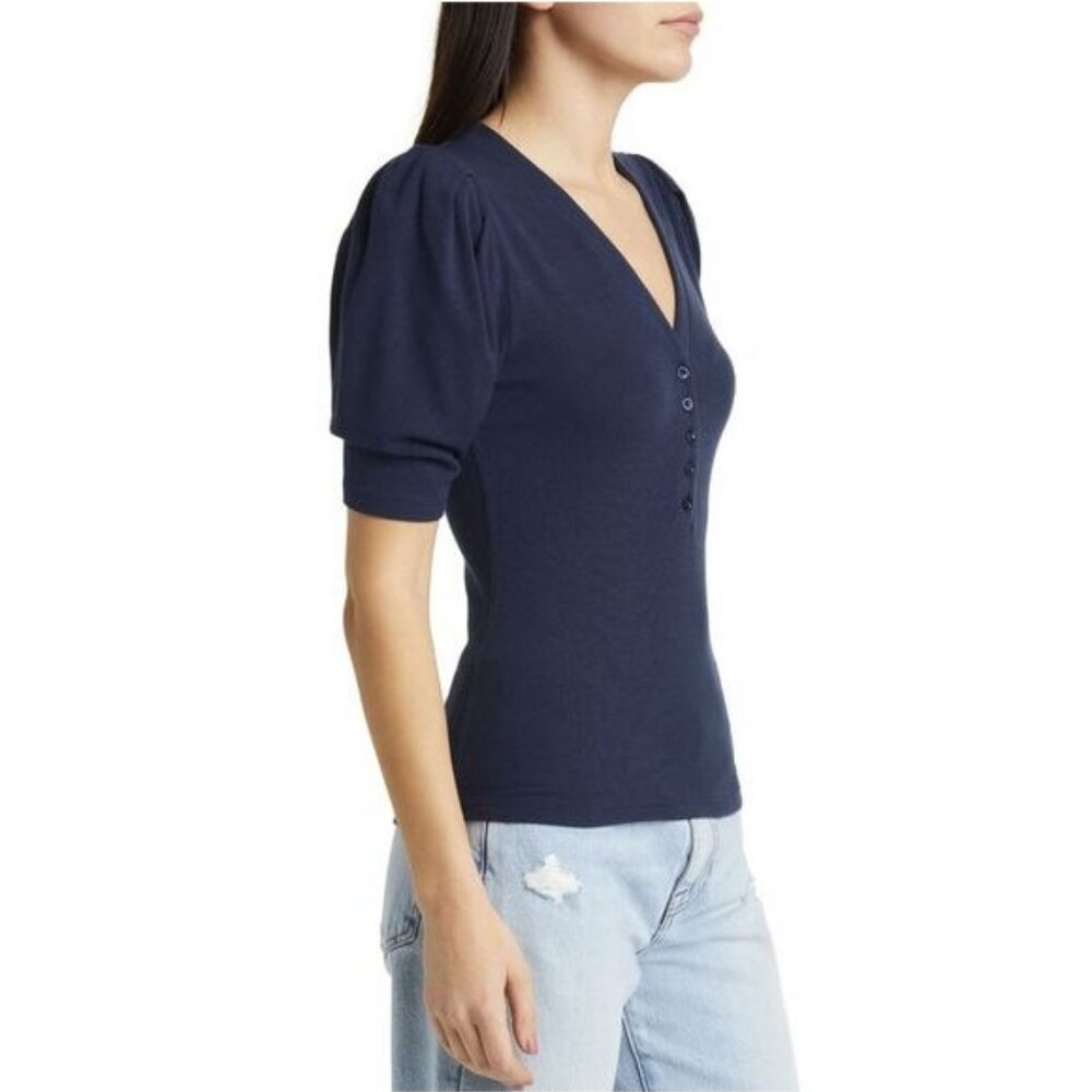 Frame Women's Rib Ruched Sleeve Henley Tee V -neck Small Navy New with Tag - Picture 4 of 6